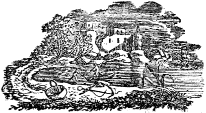 A woodcut engraving of a village gathered under a dusk sky